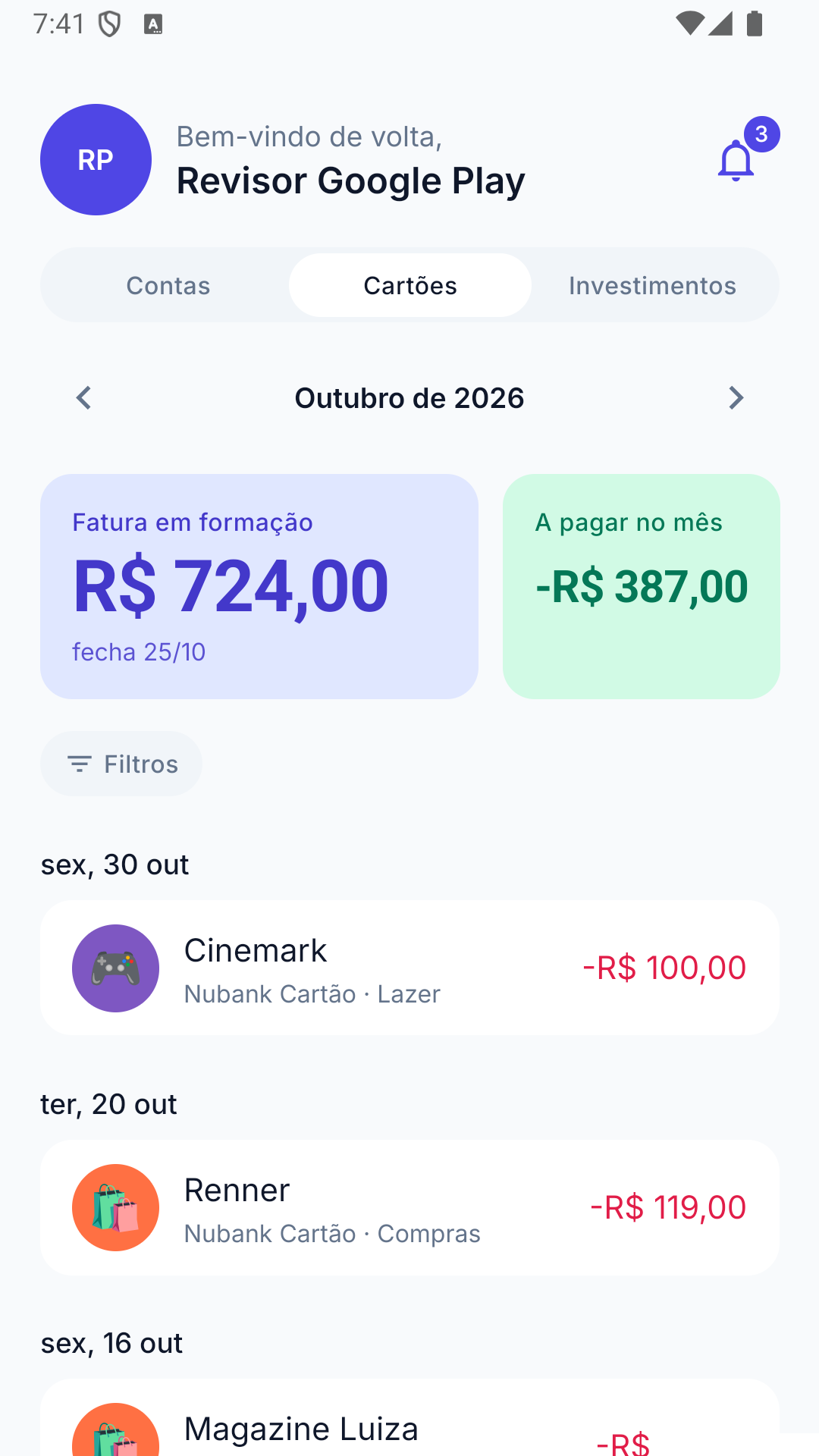 Tela de contas e cartões do Pirapire